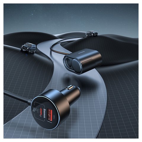 Автомобільний зарядний пристрій Baseus High Efficiency Pro 1-for-2, чорне, з розеткою, 30 Вт, 2 порта, 12-24 B, #C00455300121-00 Прев'ю 2