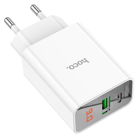 Сетевое зарядное устройство Hoco C100A, 20 Вт, Quick Charge, Power Delivery (PD), белый, с дисплеем, 2 порта, #6931474769800 Превью 1