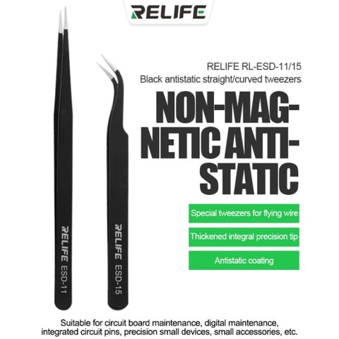 Pinzas para smd RELIFE ESD-11, recta, antiestática, 140 mm, negro Vista previa  1